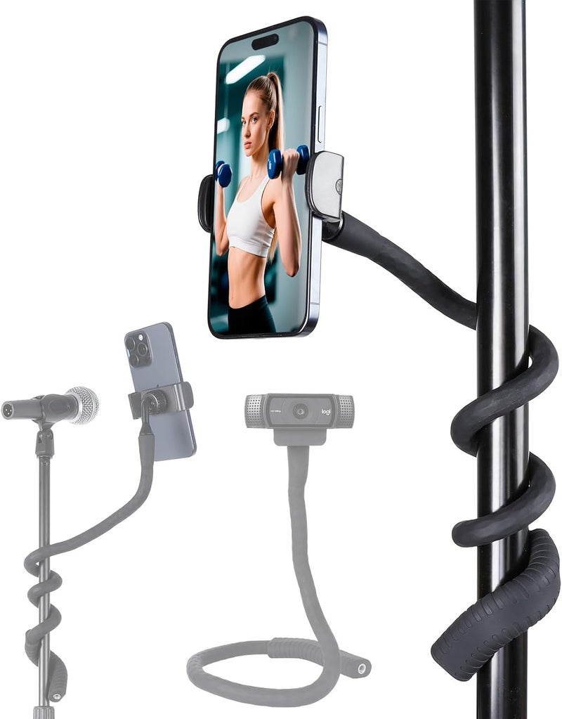 FPN Portable Flexible Phone Holder with Handle for Treadmill, Spin Bike, Stroller, Tripod, Shopping Cart, Desk, Logitech Webcam, 23.6" / 60cm Long Arm Gooseneck Phone Mount for 4.7”- 7" Cell Phones - Image 1